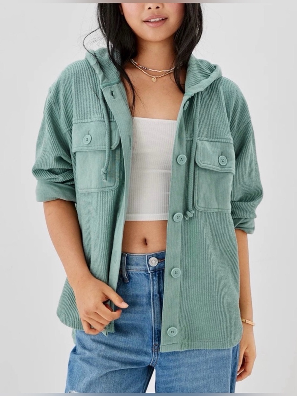 American Eagle LumberJane Jacket Womens S Sage Green Hooded Knit Shacket Button